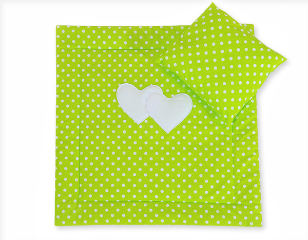 Babydecke 77x77cm und Kissen - Hearts white dots on green