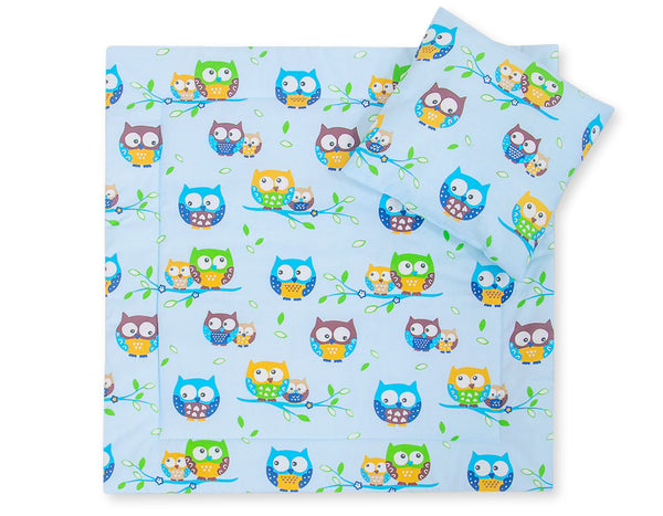Babydecke 77x77cm und Kissen - Eulen blau