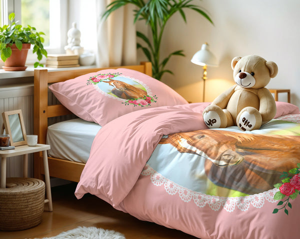Lasten Pussilakanasetti Cute Horse Vaaleanpunainen 140 x 200/220