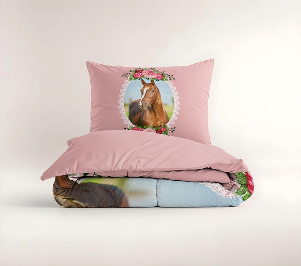 Lasten Pussilakanasetti Cute Horse Vaaleanpunainen 140 x 200/220