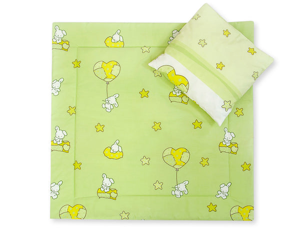 Babydecke 77x77cm und Kissen - Teddybär mit Ballon grün