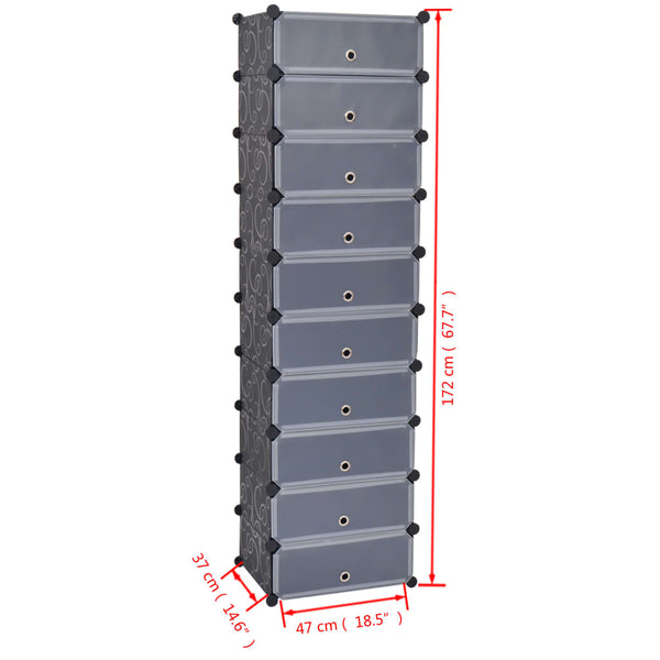 Schwarzer Schuhschrank Ghinga (mit 10 miteinander verbundenen Fächern)