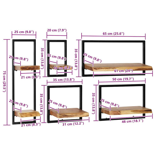 Wandregal-Set Auralia (5-tlg., Akazienholz und Stahl)