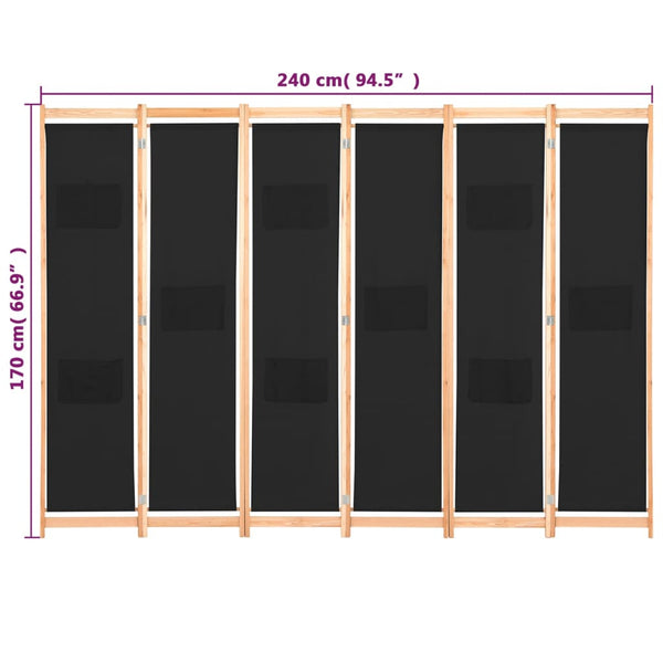 Schwarz 6-teiliger Raumteiler Iren 240x170x4cm (Stoff)