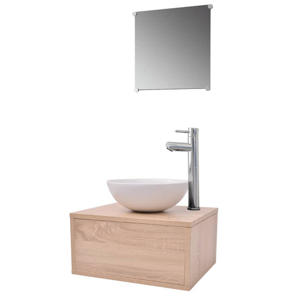 Beiges vierteiliges Badmöbel-Set mit Waschbecken und Wasserhahn Minat