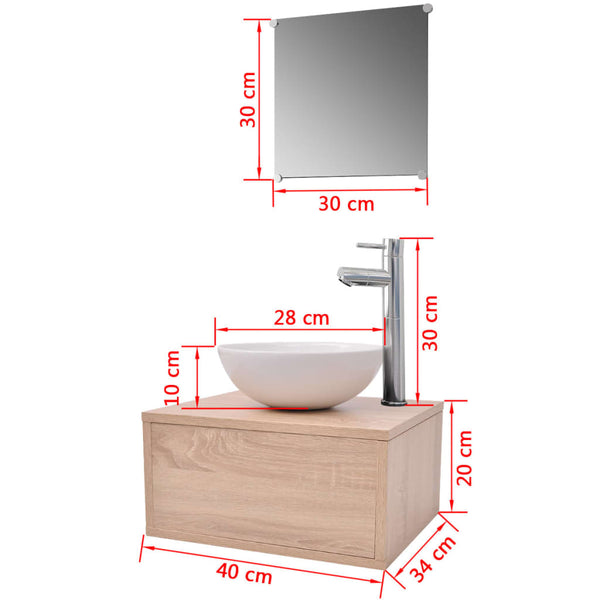 Beiges vierteiliges Badmöbel-Set mit Waschbecken und Wasserhahn Minat