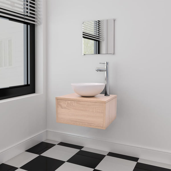 Beiges vierteiliges Badmöbel-Set mit Waschbecken und Wasserhahn Minat