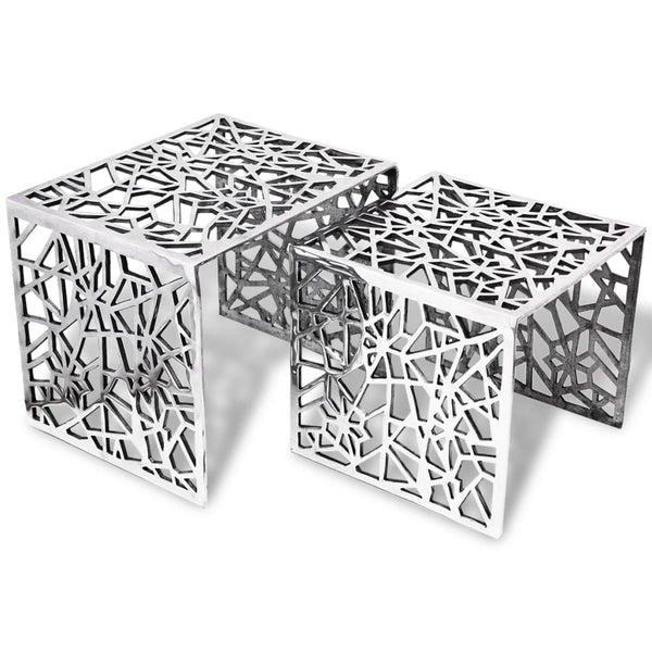 Zweiteiliger silberner Beistelltisch Carolia (quadratisches Aluminium)