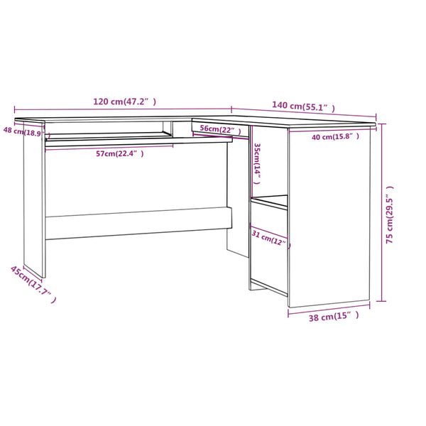 Eckschreibtisch Sictimiu weiß L-förmig 120x140x75cm (Holz)