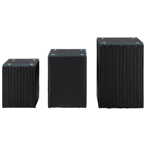 Schwarze Beistelltische Niko (3 Stück mit Glasplatte Polyrattan)