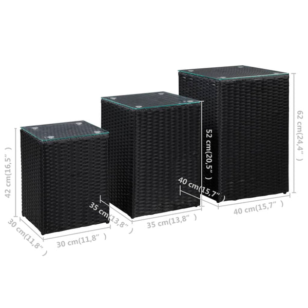 Schwarze Beistelltische Niko (3 Stück mit Glasplatte Polyrattan)