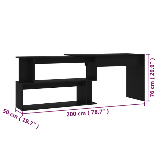 Eckschreibtisch Helviga 200x50x76cm, schwarz (Holz)