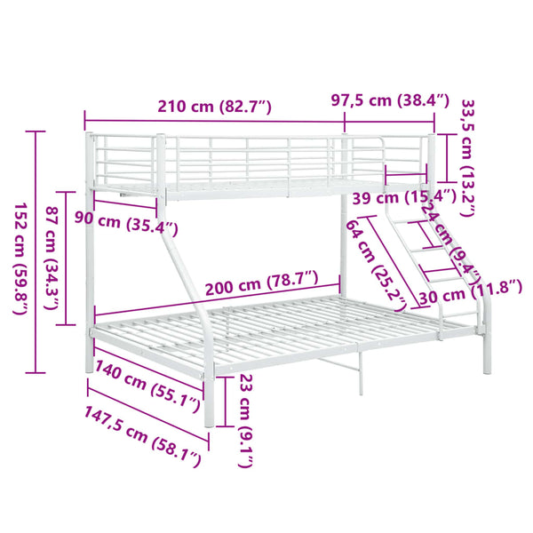 Weißes Etagenbettgestell Deianca 140x200cm/90x200cm (Metall)