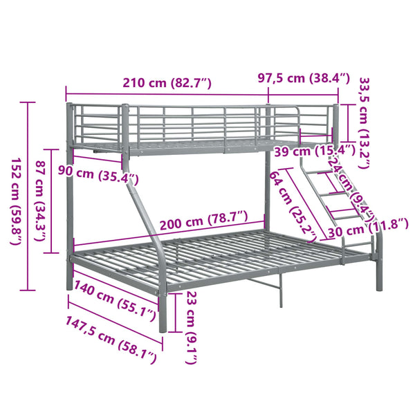 Graues Etagenbettgestell Deianca 140x200cm/90x200cm
