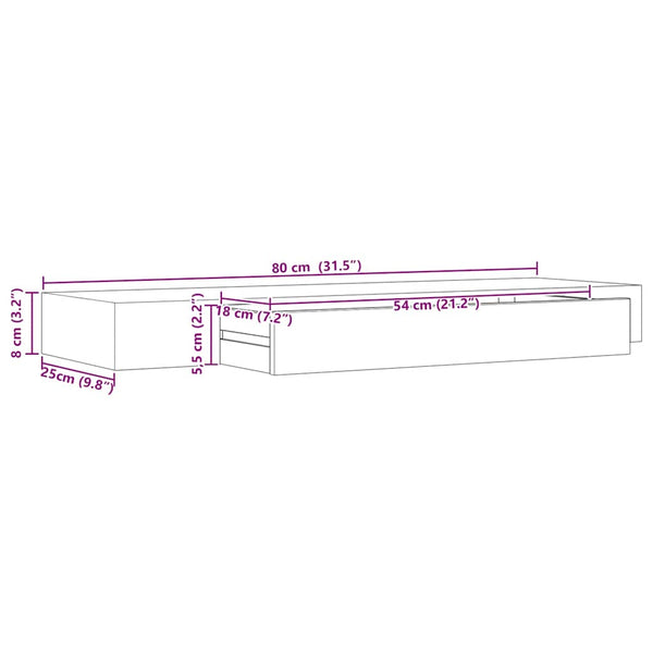 Schwebendes schwarzes Wandregal mit Schublade Eustrela 80x25x8cm