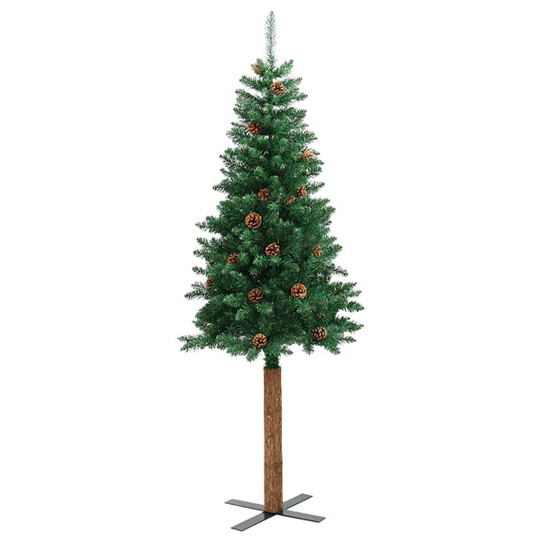 Grüner schmaler Weihnachtsbaum mit echtem Holz und Zapfen Aeluta 180cm (PVC)