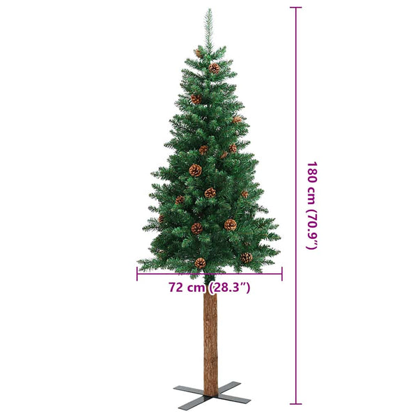 Grüner schmaler Weihnachtsbaum mit echtem Holz und Zapfen Aeluta 180cm (PVC)