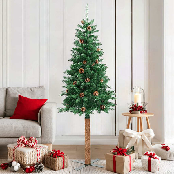 Grüner schmaler Weihnachtsbaum mit echtem Holz und Zapfen Aeluta 180cm (PVC)