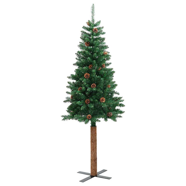Grüner schlanker Weihnachtsbaum mit Echtholz und Zapfen Aeluta 210 cm (PVC)