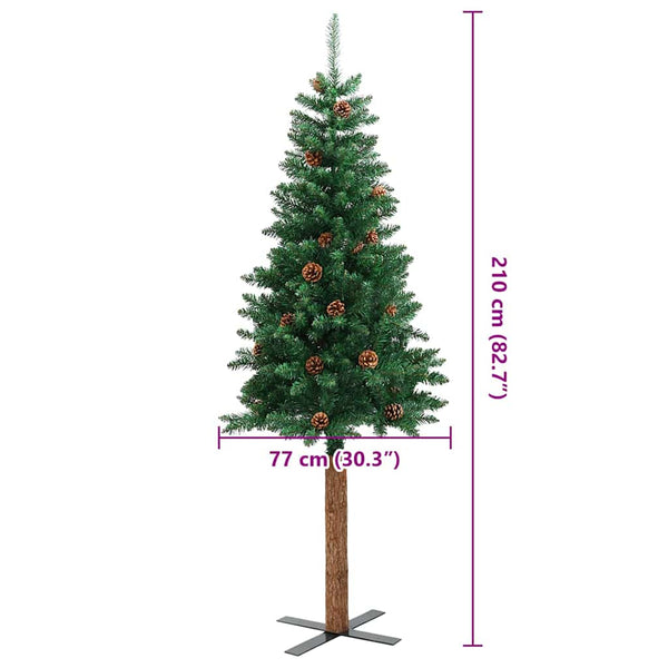Grüner schlanker Weihnachtsbaum mit Echtholz und Zapfen Aeluta 210 cm (PVC)