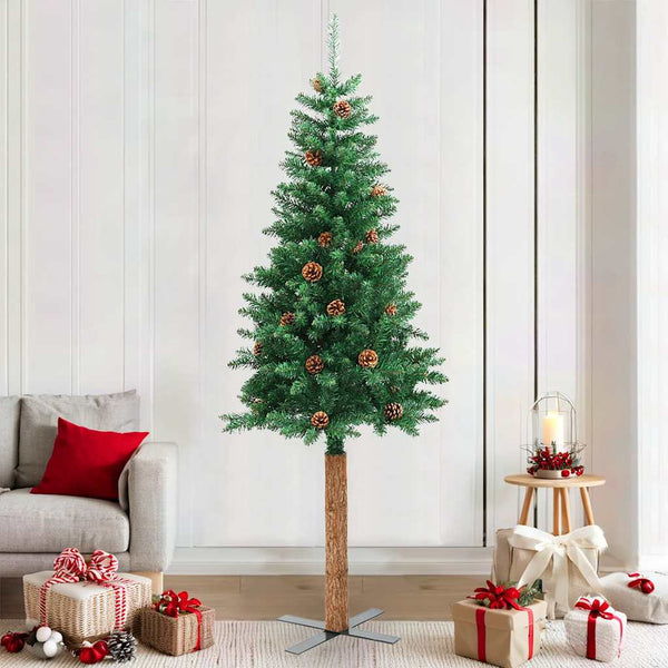 Grüner schlanker Weihnachtsbaum mit Echtholz und Zapfen Aeluta 210 cm (PVC)