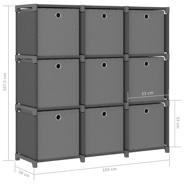 Graues Regal mit 9 Fächern + Schubladen Francel 103x30x107,5cm (Stoff)