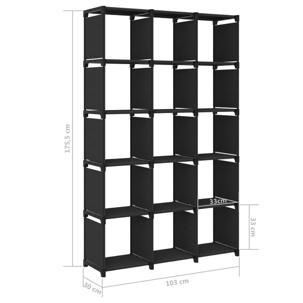 Schwarzes Präsentationsregal Francel 103x30x175,5cm (15 Fächer, Stoff)