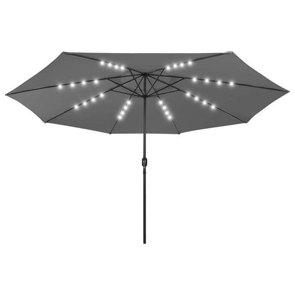 Anthrazitfarbener Sonnenschirm mit LED-Leuchten und Metallstange Lark 400cm