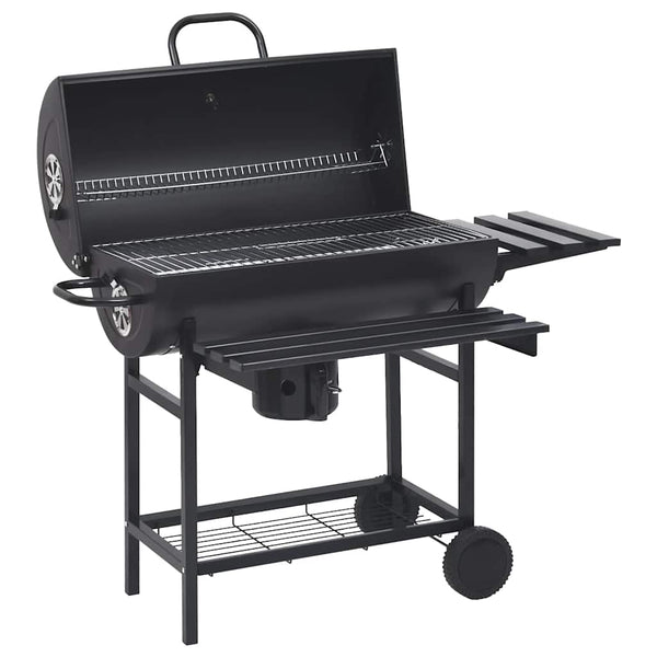 Schwarzer Fassgrill auf Rädern und mit Ablagen Serbanescu 115x85x95cm (Stahl)
