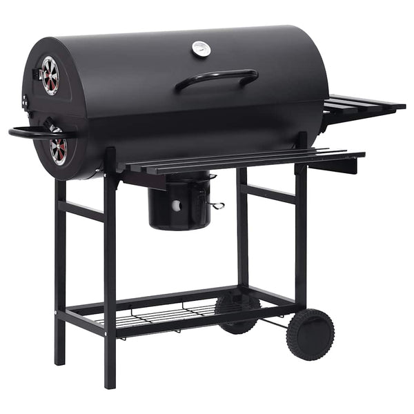 Schwarzer Fassgrill auf Rädern und mit Ablagen Serbanescu 115x85x95cm (Stahl)