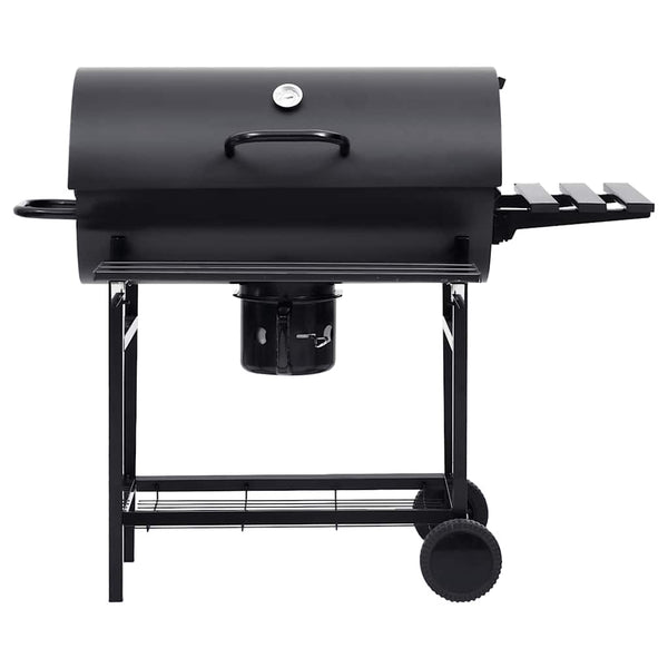 Schwarzer Fassgrill auf Rädern und mit Ablagen Serbanescu 115x85x95cm (Stahl)