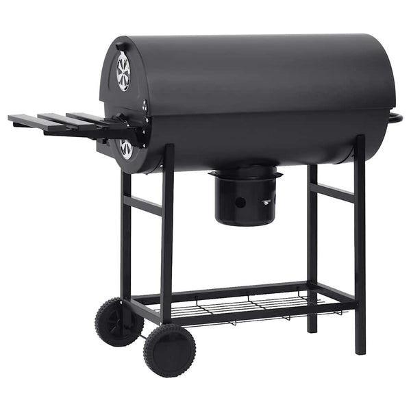 Schwarzer Fassgrill auf Rädern und mit Ablagen Serbanescu 115x85x95cm (Stahl)