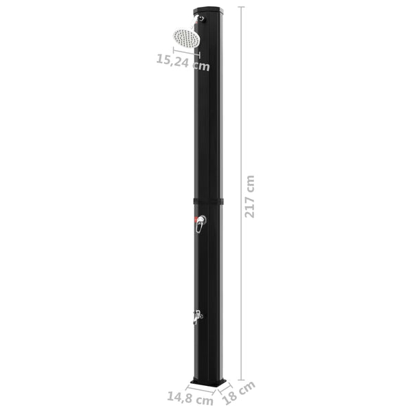 Schwarze solarbeheizte Außendusche, Duschkopf und Wasserhahn Stele 35 l