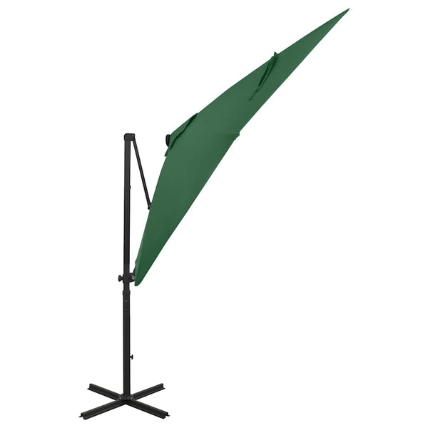 Vihreä aurinkovarjo cantilever tolpalla ja led-valoilla Pasraschiva 250cm