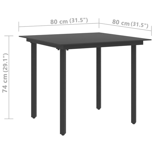Musta puutarhan ruokapöytä Crisu 80x80x74cm (teräs ja lasi)