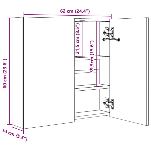 Grauer Spiegelschrank für das Bad mit LED-Beleuchtung Eustin, Größe 62x14x60cm