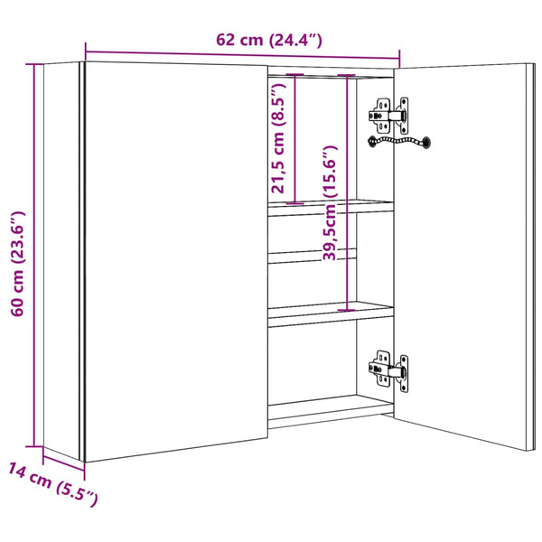 Eustin grauer Spiegelschrank für das Badezimmer, Maße 62x14x60cm, mit LED-Beleuchtung