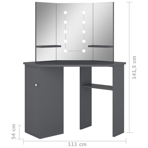 Grauer Schminktisch für die Ecke mit LED-Beleuchtung Praslea 111x54x141,5cm