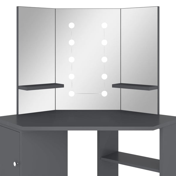 Grauer Schminktisch für die Ecke mit LED-Beleuchtung Praslea 111x54x141,5cm
