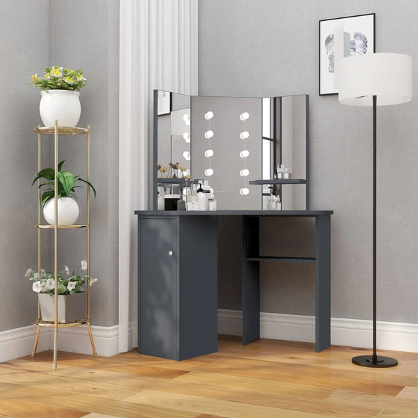 Grauer Schminktisch für die Ecke mit LED-Beleuchtung Praslea 111x54x141,5cm