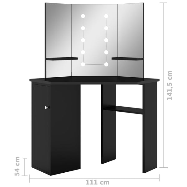 Schwarzer Schminktisch für die Ecke mit LED-Beleuchtung Praslea 111x54x141,5cm