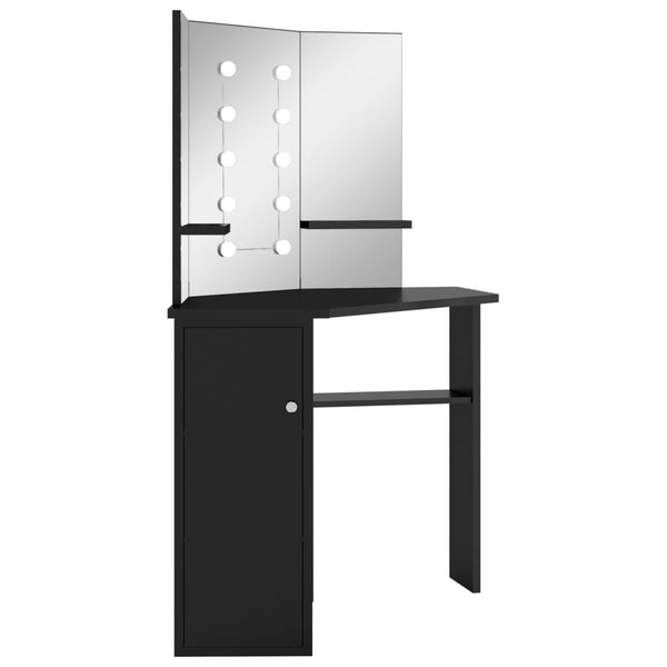 Schwarzer Schminktisch für die Ecke mit LED-Beleuchtung Praslea 111x54x141,5cm