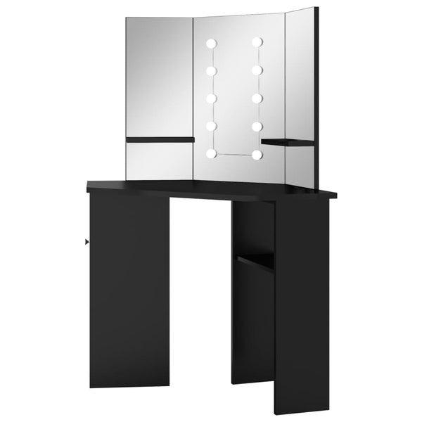 Schwarzer Schminktisch für die Ecke mit LED-Beleuchtung Praslea 111x54x141,5cm