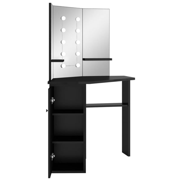 Schwarzer Schminktisch für die Ecke mit LED-Beleuchtung Praslea 111x54x141,5cm