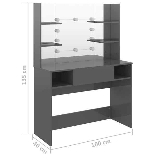 Grauer Schminktisch mit LED-Beleuchtung Steve 100x40x135cm (MDF Hochglanz)