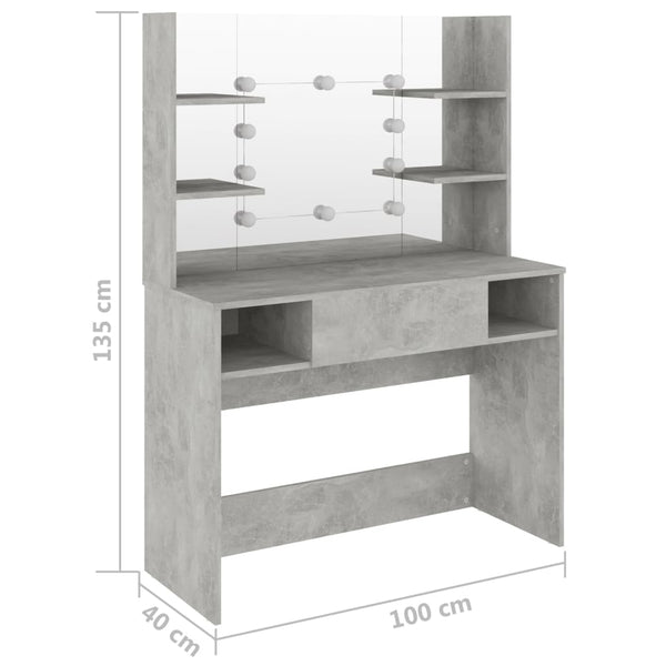 Betongrauer Schminktisch mit LED-Beleuchtung Steve 100x40x135cm (MDF)
