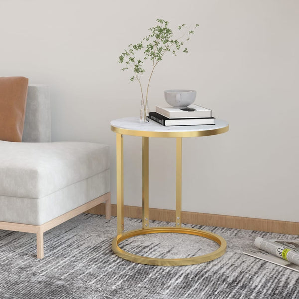 Gold- und weißer Marmor-Beistelltisch Ragan 45cm (gehärtetes Glas)