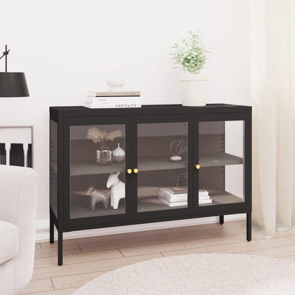 Schwarzes Sideboard Zeidula 105x35x70cm (Stahl und Glas)