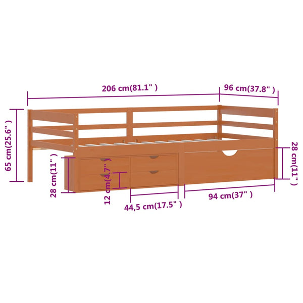 Honigbraunes Bettgestell mit Schubladen und Schrank Tomache 90x200cm (Kiefer)