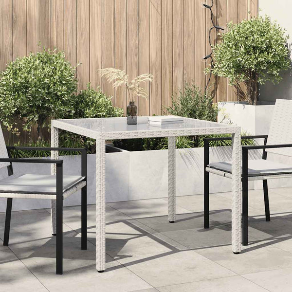 Weißer Gartentisch Teoharie 90x90x75cm (Gehärtetes Glas und Polyrattan)